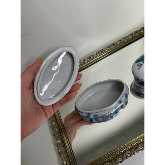 Set of Two Vintage Oval Chinese Oriental Porcelain Trinket Box/jewelry Box Kitsc - Picture 5 of 10